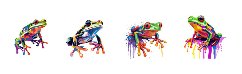 Colorful Frogs in Various Poses Against a Black Background