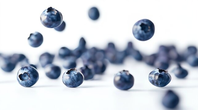 Blueberries and water droplets floating in the air, white background, studio photography, close-up, sharp focus, high resolution