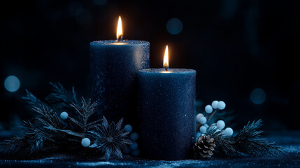 Two blue candles with a blue wick and a blue candle holder