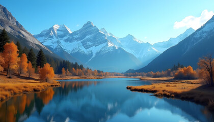 Fototapeta premium A breathtaking mountain landscape with snow-capped peaks, a clear blue sky, and a reflective alpine lake