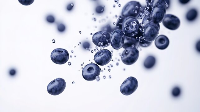 Blueberries and water droplets floating in the air, white background, studio photography, close-up, sharp focus, high resolution