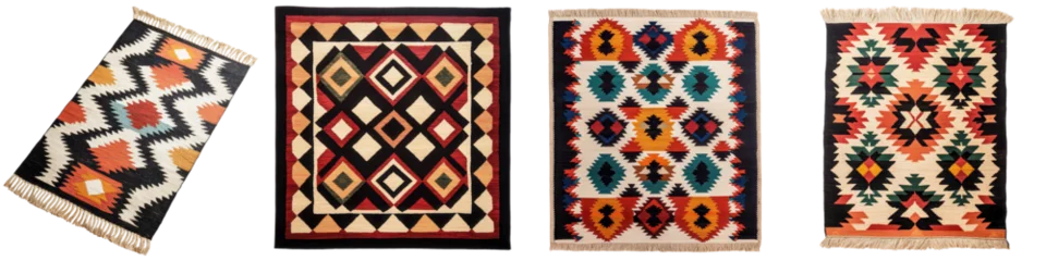 Photo sur Plexiglas Assortment of beautiful handcrafted rugs and carpets in traditional ethnic patterns and geometric designs  Colorful and decorative textiles for home decor interior design and creative projects