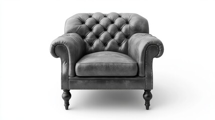 A gray genuine leather chair with black wooden legs, isolated against a white background, perfect for home interiors and living spaces