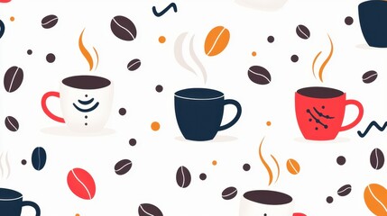 Obraz premium Colorful and Playful Coffee Cups with Beans and Steam for Vibrant Kitchen or Cafe Decor Inspiration, Ideal for Beverage and Food Related Projects