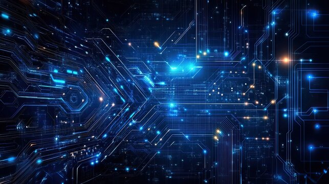 Illustration of business arrow showing upward growth line and circuit technology on dark blue background for corporate success themes, financial growth, and tech business designs.