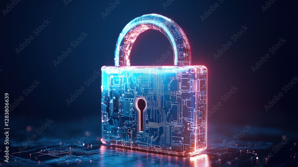 Poster lock on a computer circuit board with neon lighting and electronic components in a futuristic design
