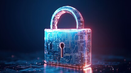 Lock on a computer circuit board with neon lighting and electronic components in a futuristic design