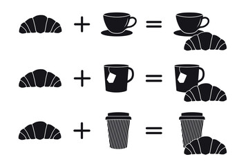 Vector set of croissant silhouette combined with silhouettes of mugs. Croissant and coffee cup, tea mug and croissant, disposable paper cup and croissant. Collection of filled vector icons