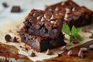Delicious Brownie, Rich and Fudgy Chocolate Brownie with a Crispy Crust. Decadent Dessert Isolated on Background with Copy Space.  Brownie on a background with copy space.