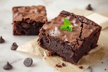Delicious Brownie, Rich and Fudgy Chocolate Brownie with a Crispy Crust. Decadent Dessert Isolated on Background with Copy Space.  Brownie on a background with copy space.