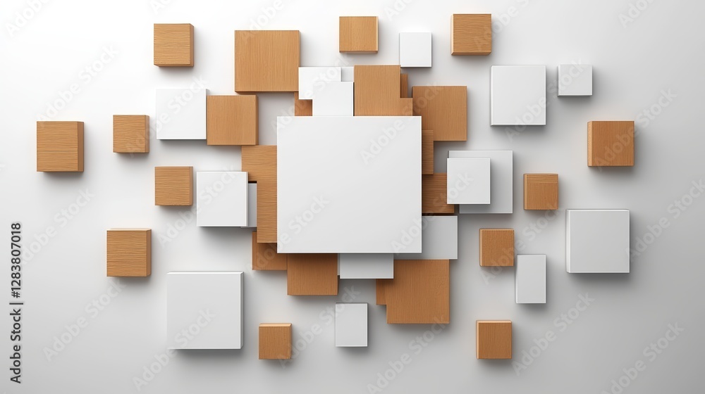 Poster 3d rendering of a modern white and wood wall with square patterns and abstract plywood texture backg