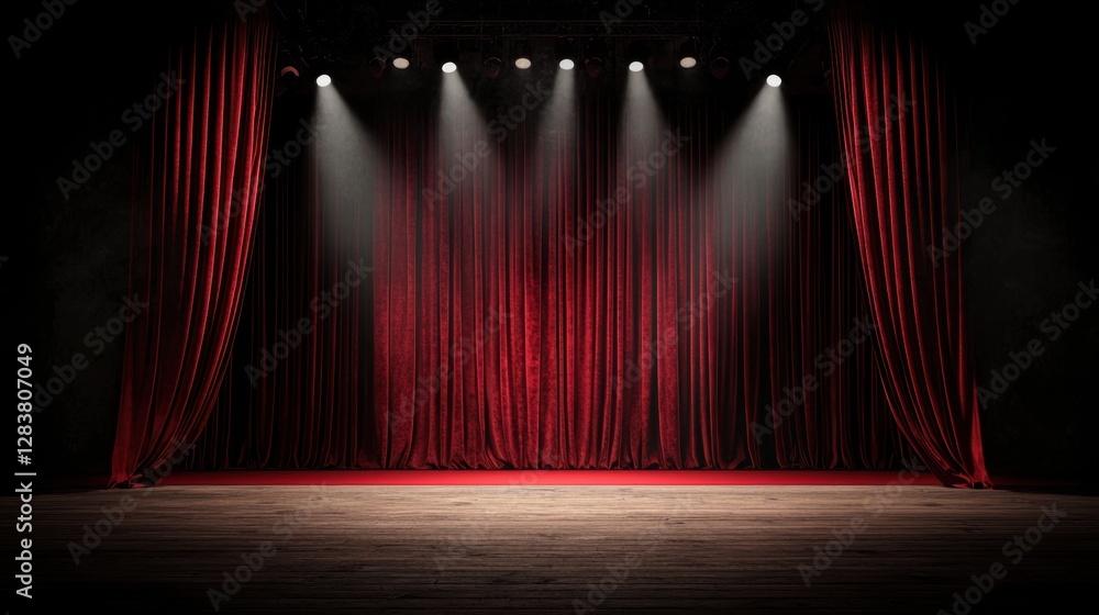 Aufkleber dramatic theater stage with red curtains and spotlight illuminating empty space for performances and