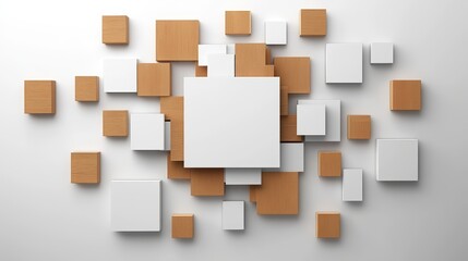 3d rendering of a modern white and wood wall with square patterns and abstract plywood texture background