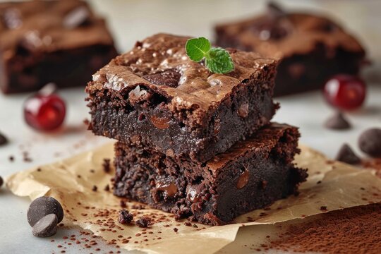 Delicious Brownie, Rich and Fudgy Chocolate Brownie with a Crispy Crust. Decadent Dessert Isolated on Background with Copy Space.  Brownie on a background with copy space.