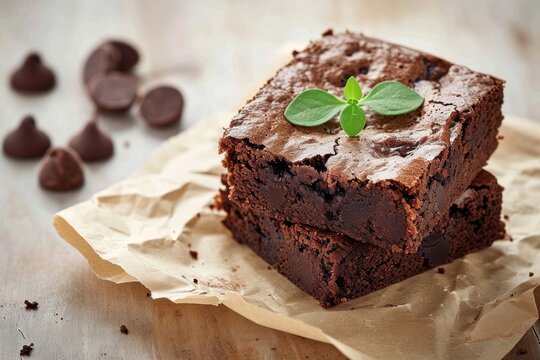 Delicious Brownie, Rich and Fudgy Chocolate Brownie with a Crispy Crust. Decadent Dessert Isolated on Background with Copy Space.  Brownie on a background with copy space.