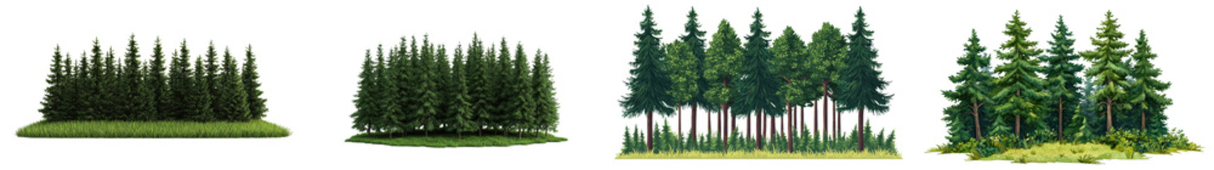 Scenic view of a dense lush evergreen forest landscape filled with towering pine spruce and fir trees  The verdant foliage creates a peaceful tranquil atmosphere in this natural