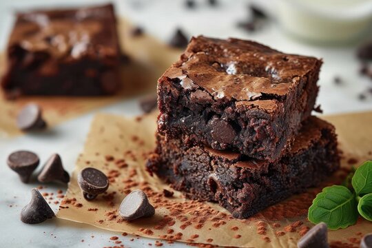 Delicious Brownie, Rich and Fudgy Chocolate Brownie with a Crispy Crust. Decadent Dessert Isolated on Background with Copy Space.  Brownie on a background with copy space.