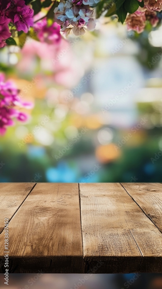 Poster sunlight dances on a rustic wooden table, inviting moments of connection. a soft blur of colorful fl