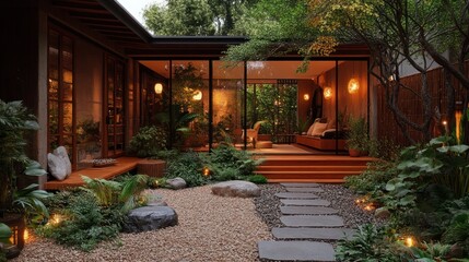 Obraz premium Tranquil courtyard garden at dusk