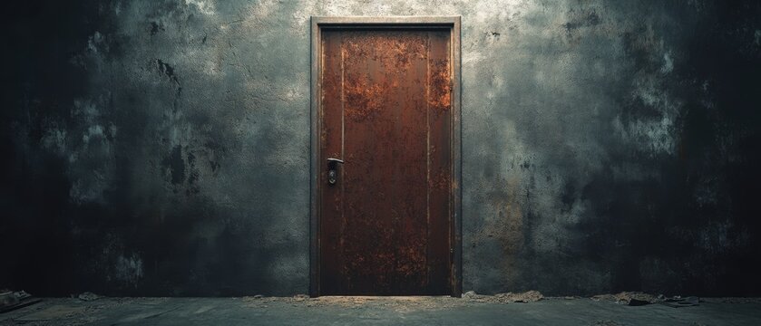 A stark, rusted door against a textured, weathered wall, evoking a mood of mystery and the unknown, with a hint of industrial decay.