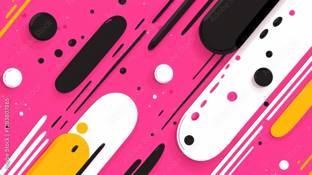 Poster abstract geometric design with vibrant colors on a pink background featuring dynamic lines, circles,