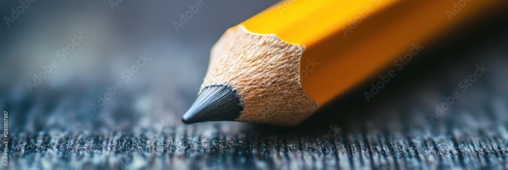 Poster close up of sharpened yellow pencil resting on a wooden table during creative writing session. gener