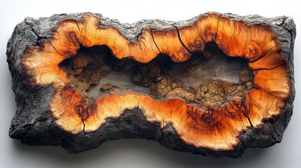 Obraz premium Intricate hollowed-out wood slab with vibrant orange hues and dark grey bark, showcasing natural textures and patterns.
