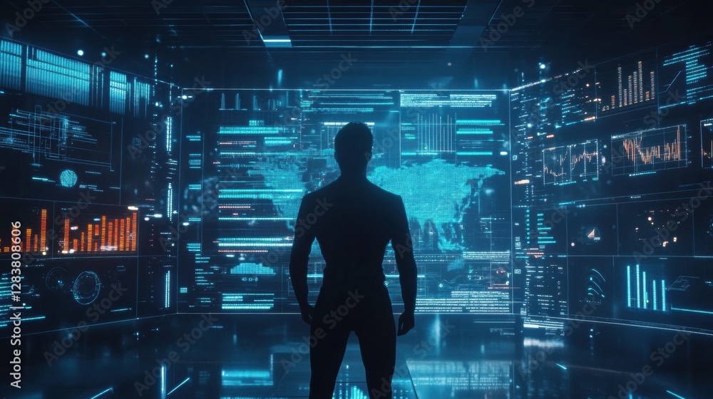 Aufkleber Human silhouette surrounded by futuristic AI data visualizations and analytical charts in a high tech environment. Generative AI