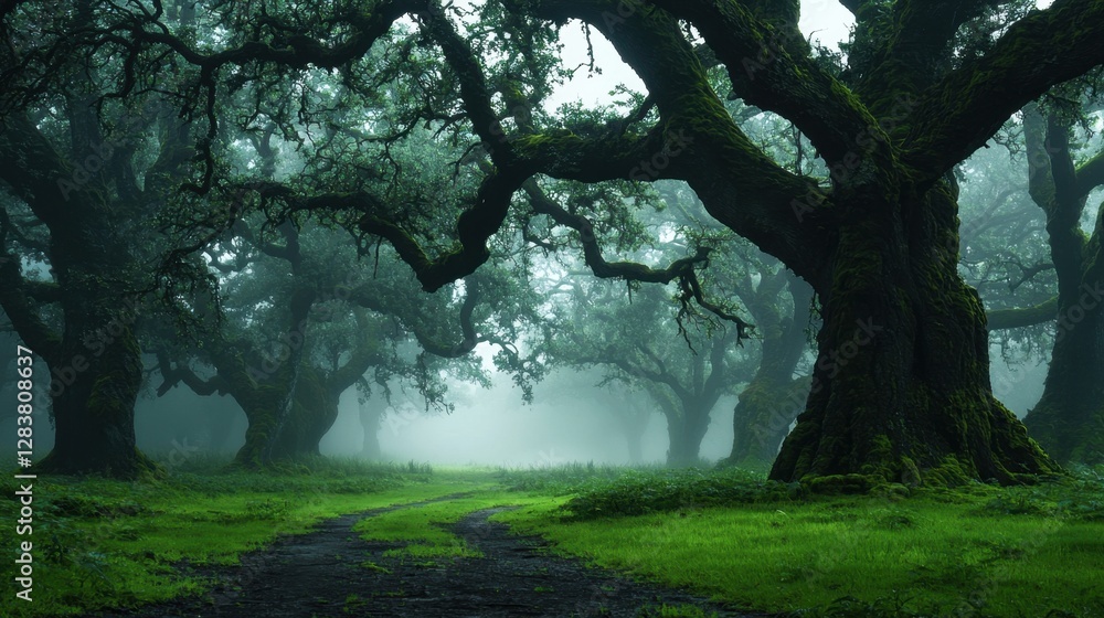 Poster mystical forest pathway surrounded by ancient trees in dense fog with lush green grass and mysteriou