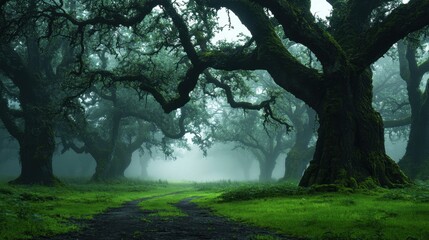 Fototapeta premium Mystical Forest Pathway Surrounded by Ancient Trees in Dense Fog with Lush Green Grass and Mysterious Atmosphere Inviting Exploration and Adventure