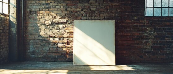Sunlit blank canvas rests against rustic brick wall in an abandoned industrial setting, evoking a sense of creative potential and history.