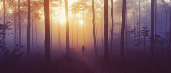 Solitary figure in a foggy forest at twilight, surrounded by ethereal colors of dusk, invoking mystery and the allure of the unknown.