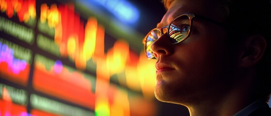 A young trader, deep in thought, reflects vibrant financial data off his glasses, symbolizing focus and determination in navigating the stock market.