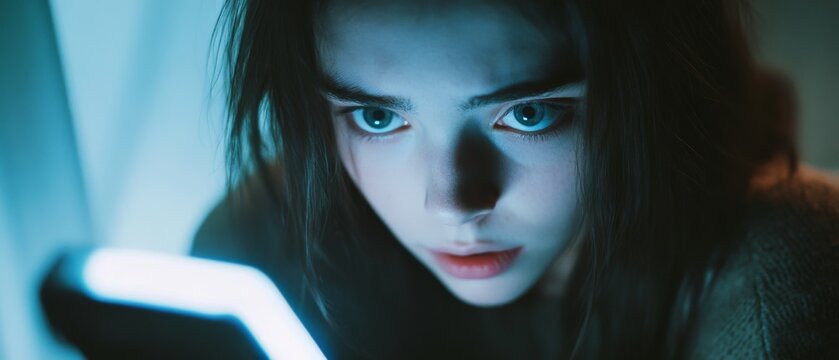 A focused individual gazes intently at a glowing screen in a dimly lit room, immersed in concentration amid mysterious surroundings.