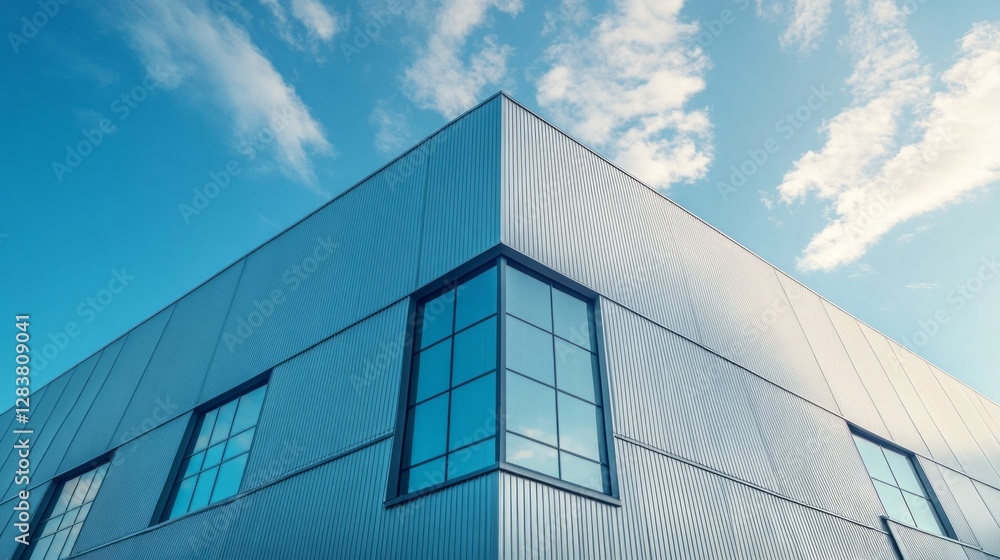 Aufkleber a striking factory building features sleek lines and reflective windows against a clear blue sky. th