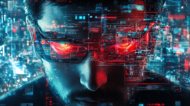 Man with vr headset immersed in digital technology interface