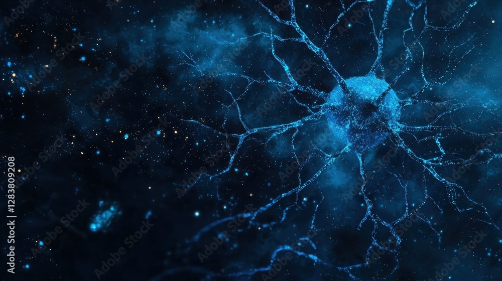Poster abstract digital representation of a blue neuron with intricate connections in a cosmic space backdr