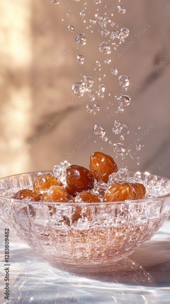 Poster bowl of plump dates immersed in sparkling water creates an enchanting spectacle as droplets cascade 