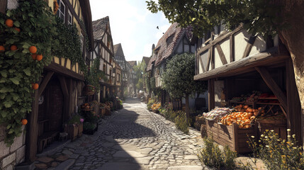 Obraz premium Medieval german street with half-timbered houses. Traditional european buildings in old town or village. Vector cartoon landscape with fachwerk cottages and grocery market