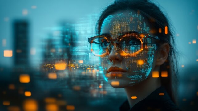 Woman augmented with digital interface over a blurry cityscape