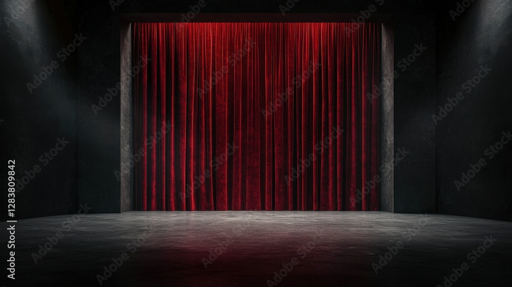 Poster dramatic red stage curtain in empty theater with dim lighting and dark walls creating an elegant atm