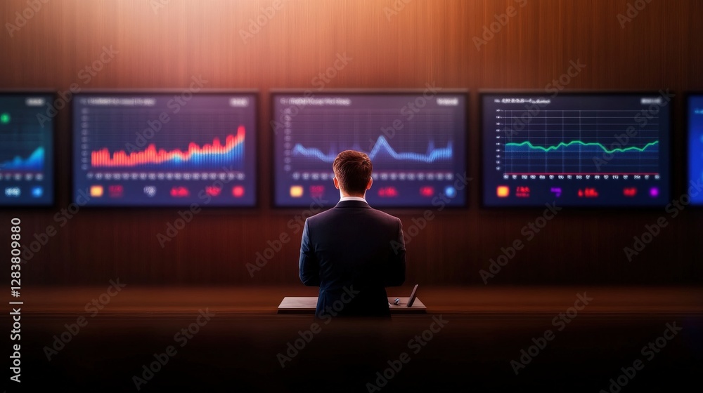 Poster professional analyst presenting data insights in front of graphs displayed on large screen monitors