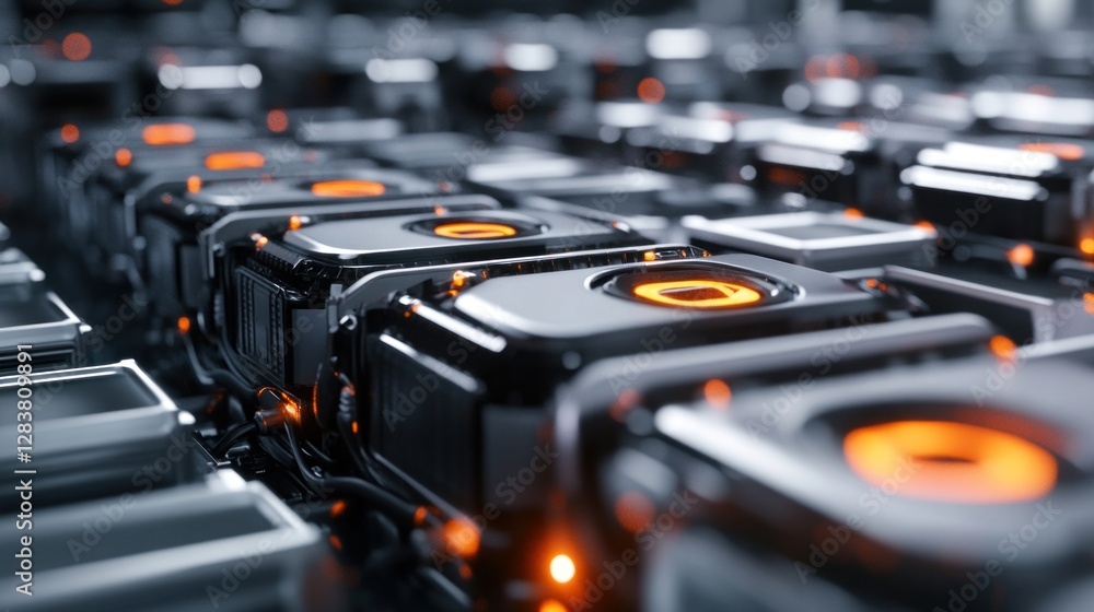 Poster futuristic technology: a close-up of advanced computing servers