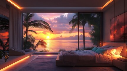 A modern tropical retreat bedroom with sleek furnishings, wide windows framing a breathtaking view of an orange and pink sunset over the ocean, palm trees swaying in the breeze,