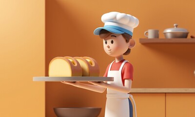 Cartoon Baker Holding Freshly Baked Bread in Modern Kitchen