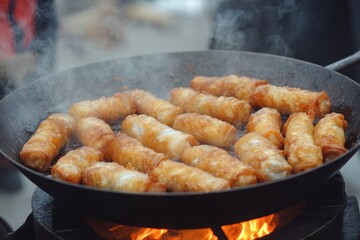 Crispy Golden Frying Spring Rolls Cooking in Hot Oil Pan