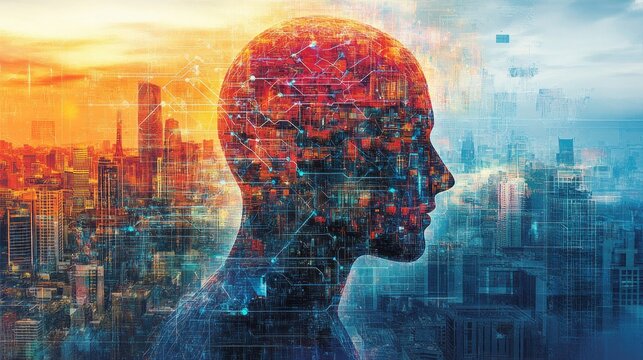 Digital human head contains interconnected cityscapes and data flow