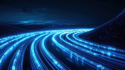 Fototapeta premium Vibrant Blue Light Trails on a Dark Road Surrounded by Hills Undernight Sky, Representing Motion and Energy in a Digital Landscape