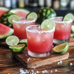 Chilled watermelon margaritas on a wooden bar, lime wedges, and coarse salt, summery vibes