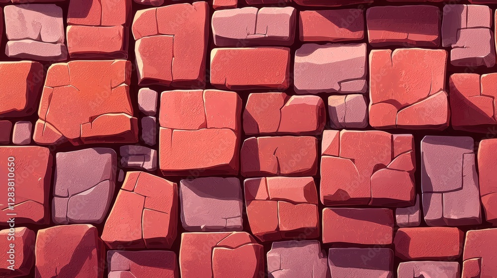 Poster abstract colorful wall texture featuring various shades of red and pink stone bricks with irregular 